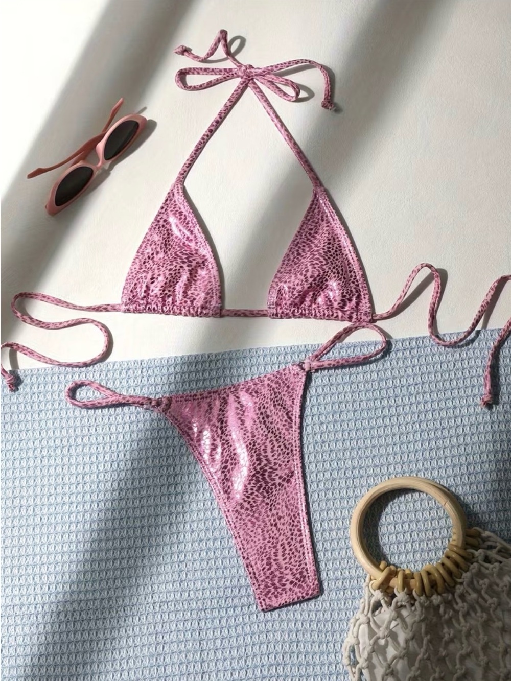 Pink Animal-Print Triangle Bikini Set